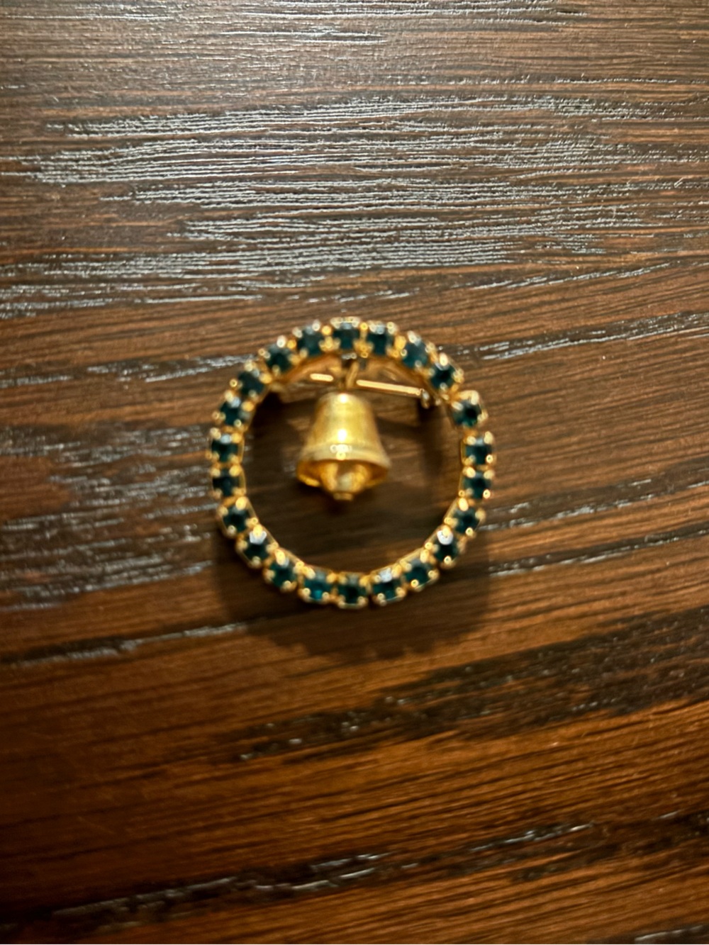Gold-Tone Holiday Wreath Brooch with Green Stones